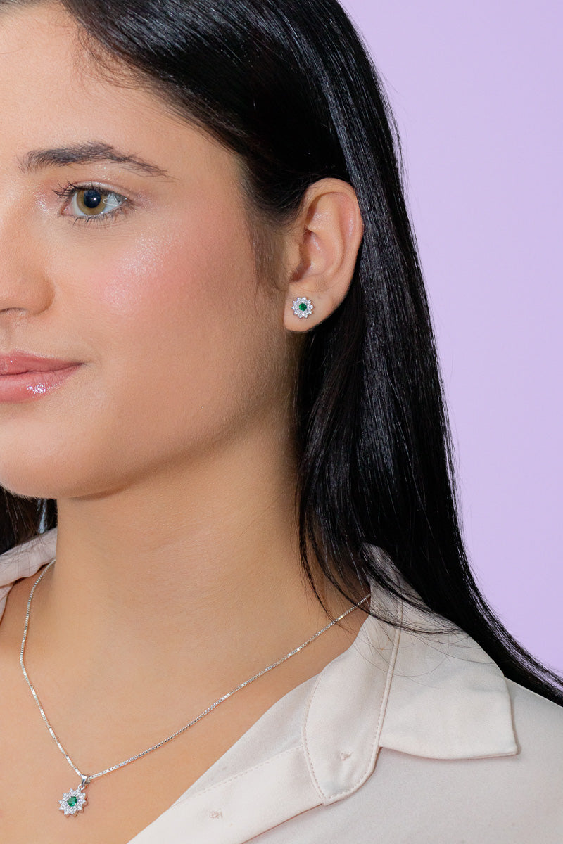Conjunto de Pingente e Brinco Flor Esmeralda