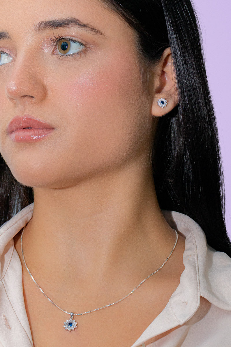 Conjunto de Pingente e Brinco Flor Safira