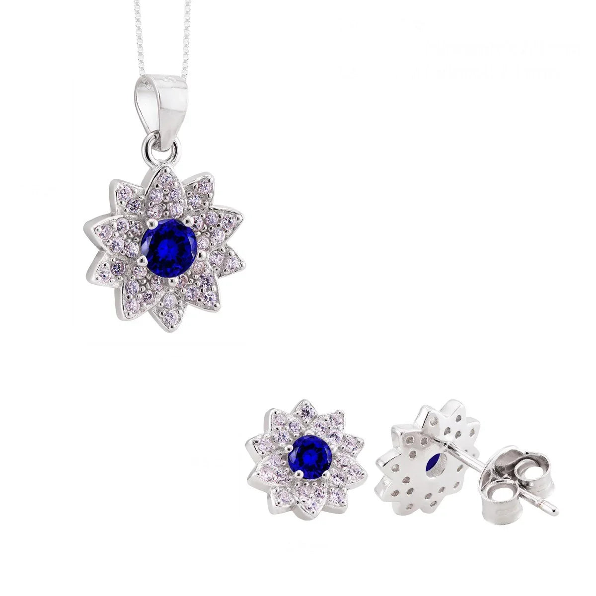 Conjunto de Pingente e Brinco Flor Safira