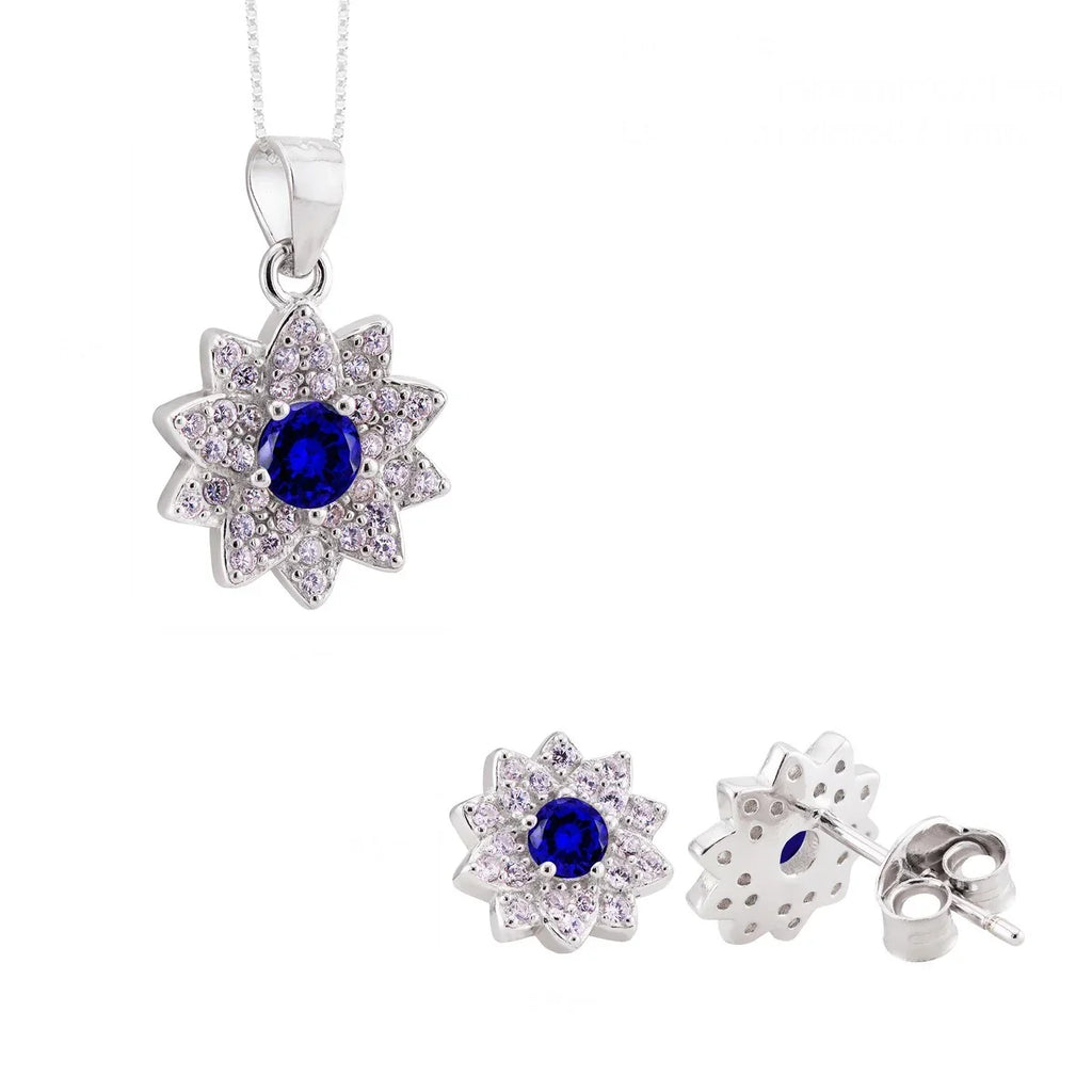 Conjunto de Pingente e Brinco Flor Safira